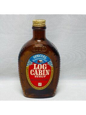 Log Cabin Special Bicentennial Eagle Amber Glass Syrup Bottle W/ Lid 24 Oz